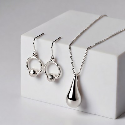 Silver Hoop Earrings and Teardrop Necklace