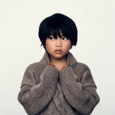 Asian boy in gray sweater