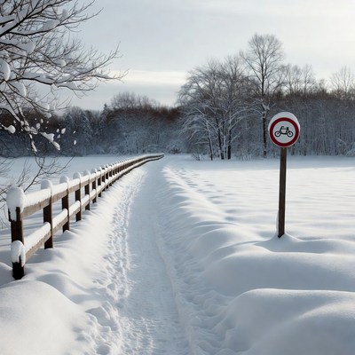 Snowy Path with No Bicycles Sign