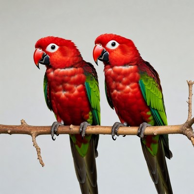 Two Red Parrots on Branch