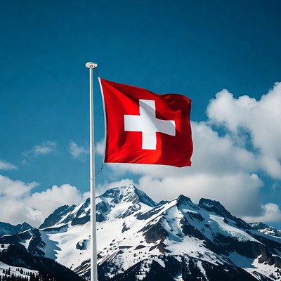 Swiss Flag on Pole with Snowy Mountains