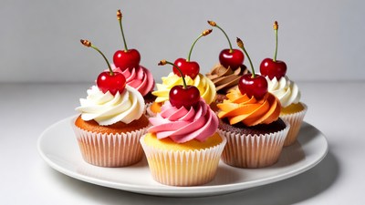 Colorful Cupcakes with Cherries on Plate
