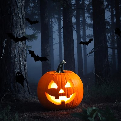 Jack-o'-lantern in foggy Halloween forest