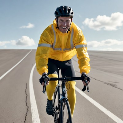 Man cycling in yellow rain jacket
