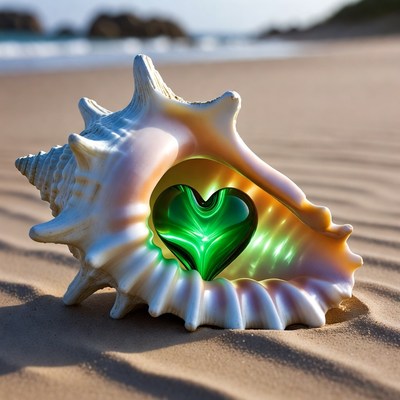 Seashell with Green Heart on Beach