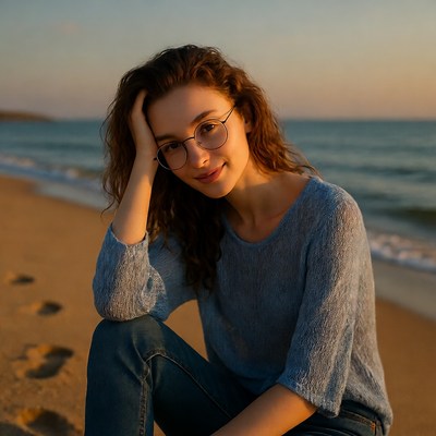 Woman with glasses on beach sunset