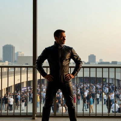 Man in black leather jumpsuit on balcony