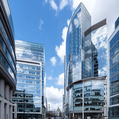 Modern glass skyscrapers under blue sky