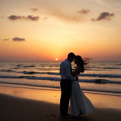 Silhouette couple embracing at sunset beach