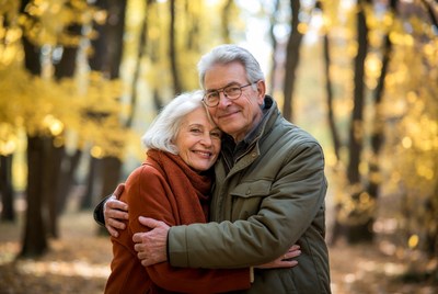 Elderly couple embracing in autumn forest