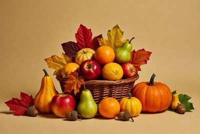 Wicker Basket of Autumn Fruits and Pumpkins