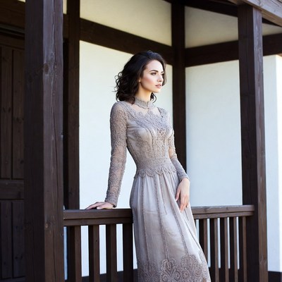 Woman in lace dress on Japanese porch