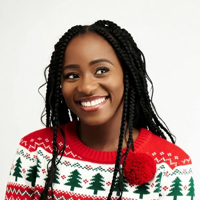 African-American woman smiling in Christmas sweater
