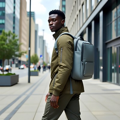 African man walking with backpack