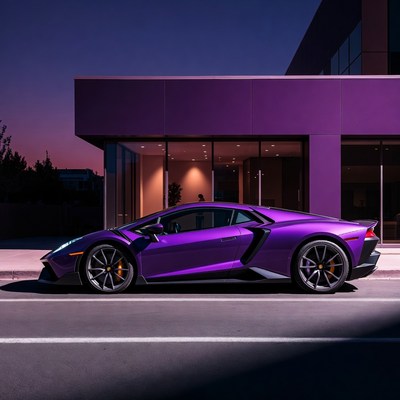 Purple Lamborghini parked at night