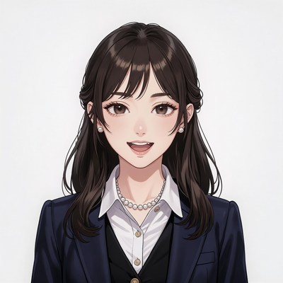 Anime girl smiling in navy suit