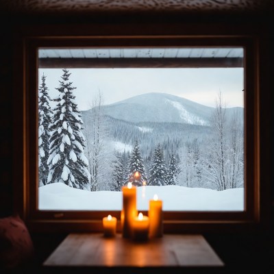 Snowy Mountain View Through Window with Candles