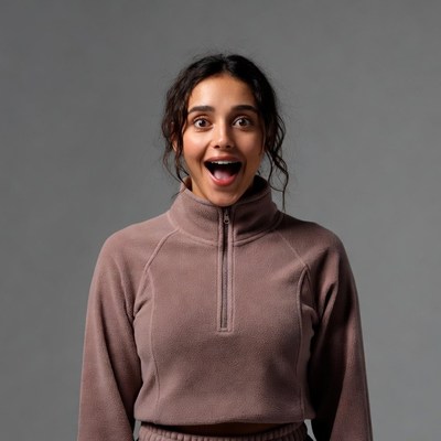Surprised Asian woman in mauve tracksuit