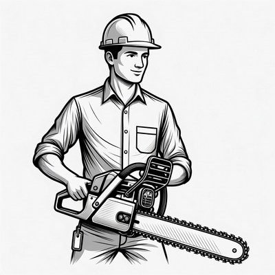 Man holding chainsaw wearing hardhat