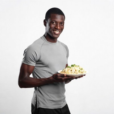 African-American man holding pasta dish
