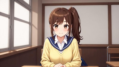 Anime girl in yellow sailor school uniform