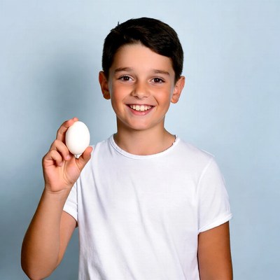 Boy holding white egg