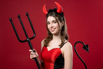 Woman in devil costume with trident
