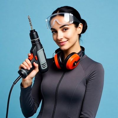 Woman holding drill with safety gear