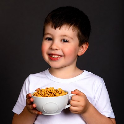 Boy holding bowl of cereal