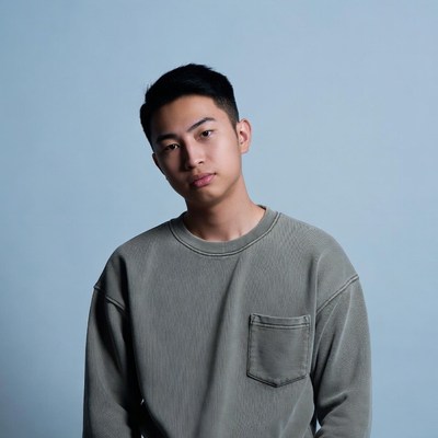 Asian young man in gray hoodie
