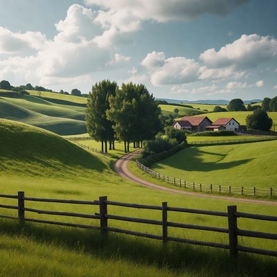 Rolling Green Hills with Red Farmhouses