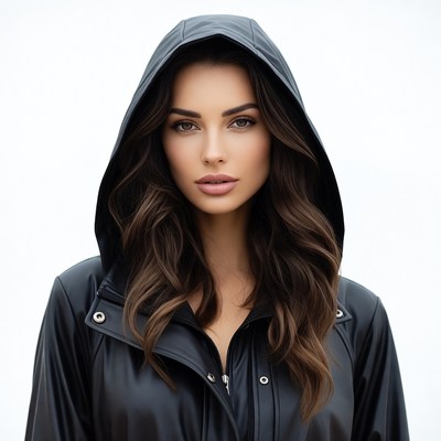 Woman in black leather hoodie