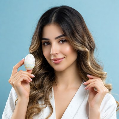 Woman holding colorful Easter egg