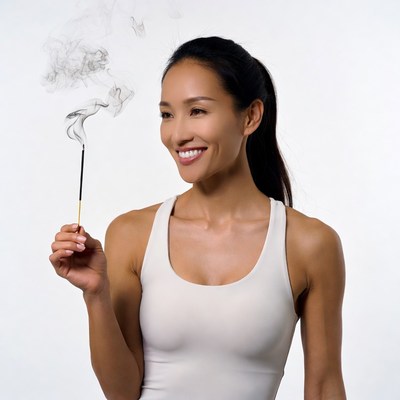 Asian woman holding incense stick