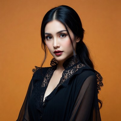 Asian woman in black lace dress