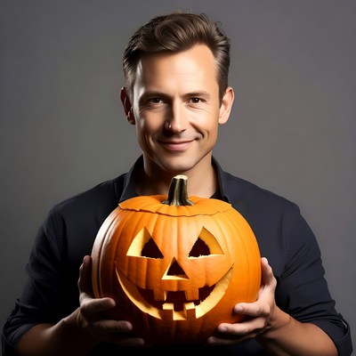 Man holding carved pumpkin