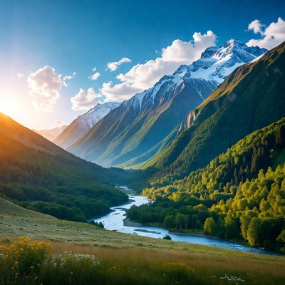 Mountain Valley with River at Sunset