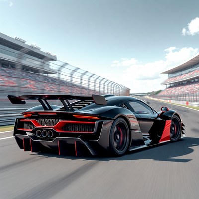 Black Supercar Rear Racing on Track