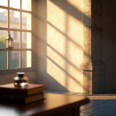 Sunlit Window with Lantern and Books