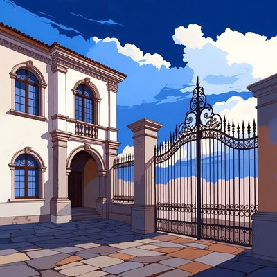 Ornate Iron Gate Before White Mansion