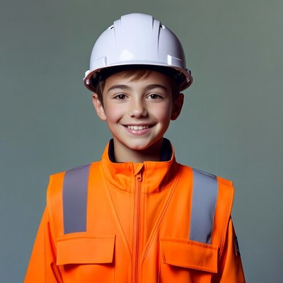 Boy wearing hard hat and hi-vis vest