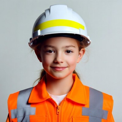 Girl wearing yellow-striped hard hat