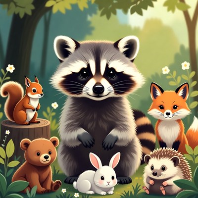 Cute raccoon with forest animals