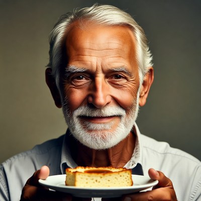 Elderly man holding cheesecake