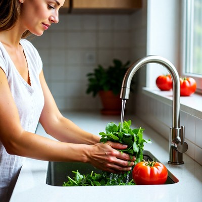 Woman washing greens in kitchen sink