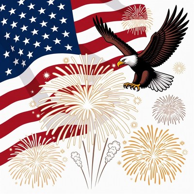Bald Eagle Flying Over American Flag Fireworks