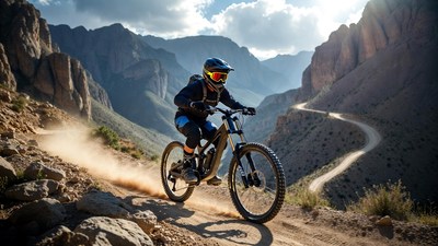 Woman mountain biking in canyon trail