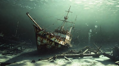 Sunken Rusty Shipwreck Underwater