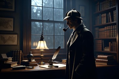 Sherlock Holmes in study with pipe
