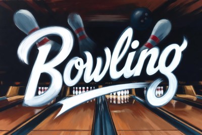 Bowling Alley Text with Pins and Ball